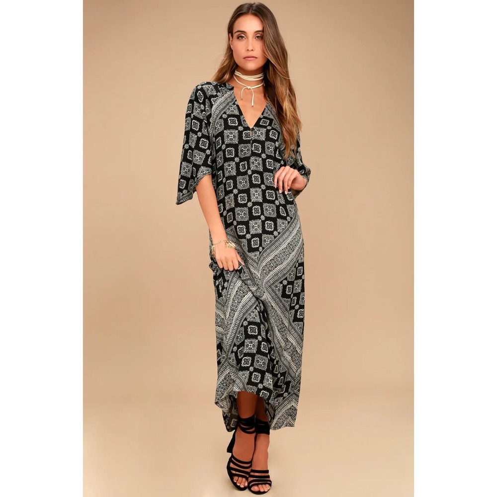 Amuse‎ Society Women's SMALL Black Flutter Sleeve Maxi Kimono Caftan Dress Boho